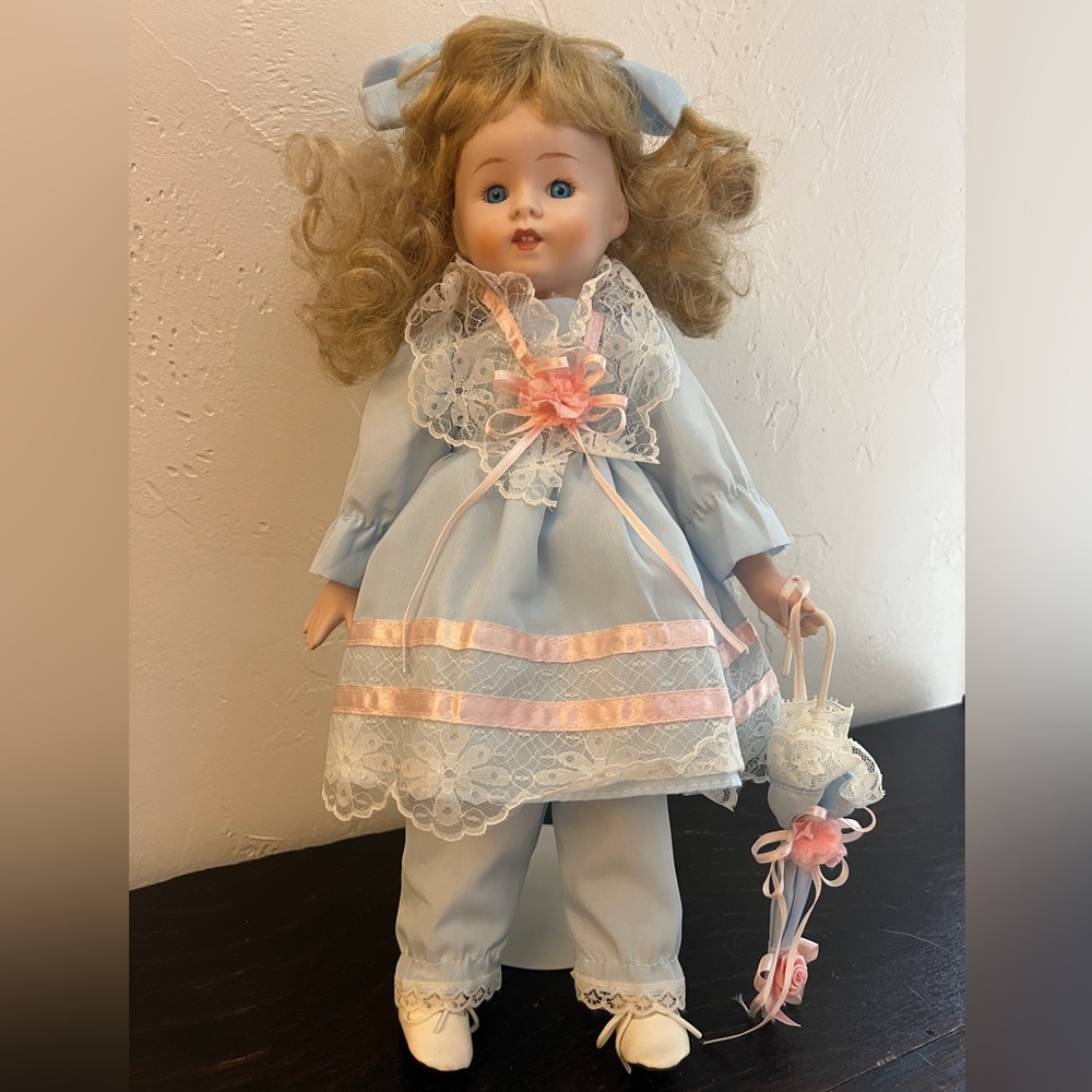 Porcelain Doll with Blue Dress & Parasol